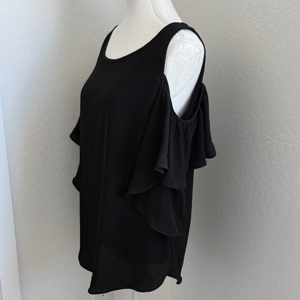Max Studio Black Ruffle Sleeve open shoulder Top